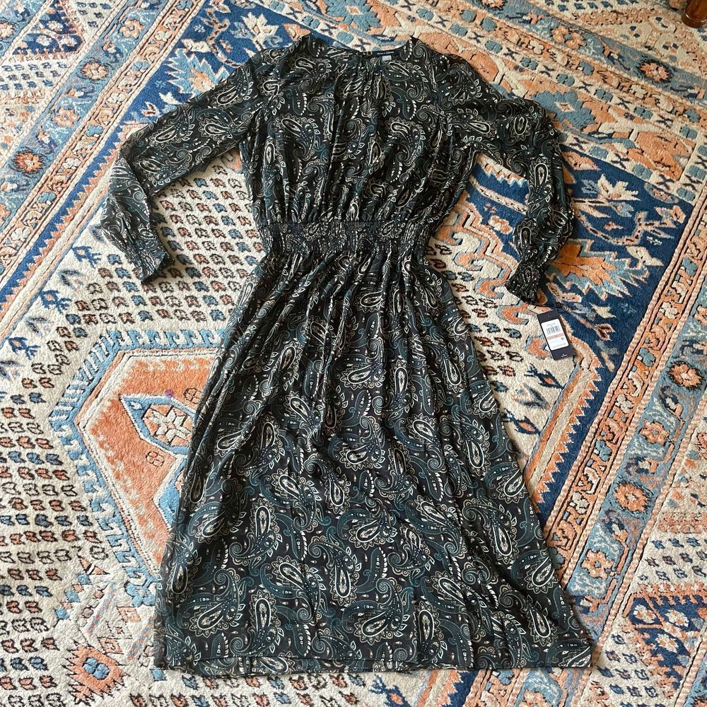 TOMMY HILFIGER Dark Green Black Paisley Print Chiffon Peasant Dress